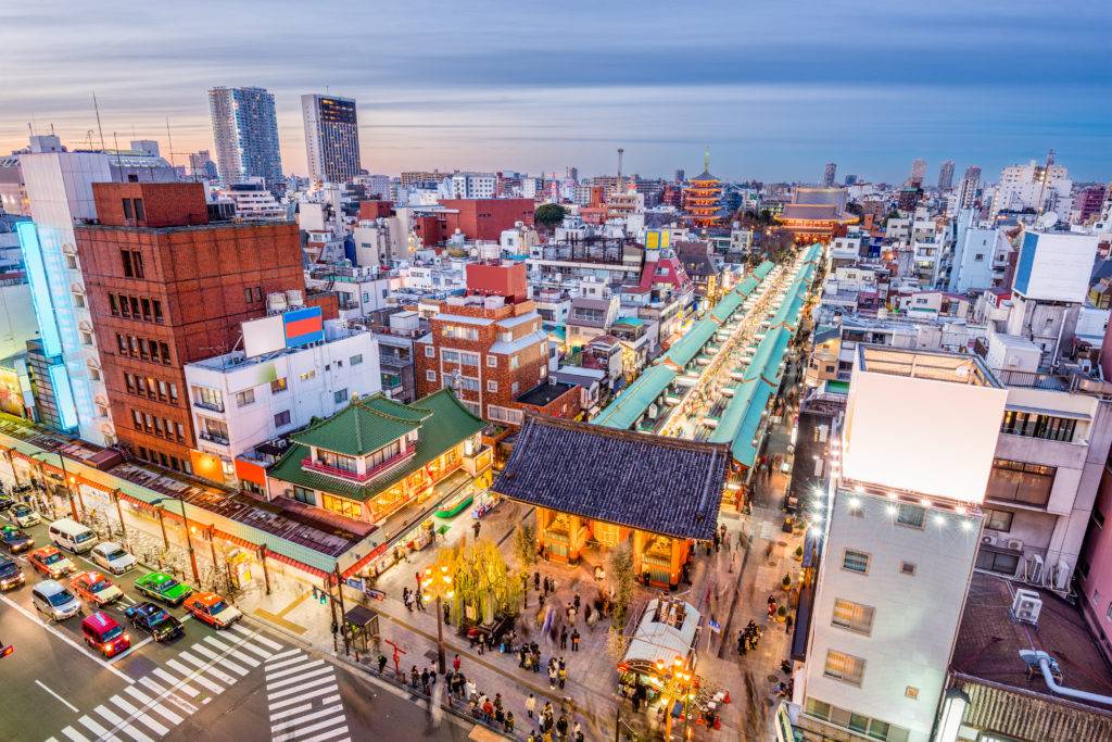 Asakusa, Tokyo, Japan cityscape. (gate reads: "Kaminari-mon Gate")