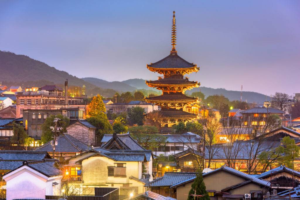 Kyoto, Japan old town skyline in the Higashiyama District in the afternoon.