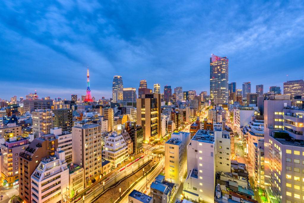 Tokyo, Japan cityscape and tower at dusk.